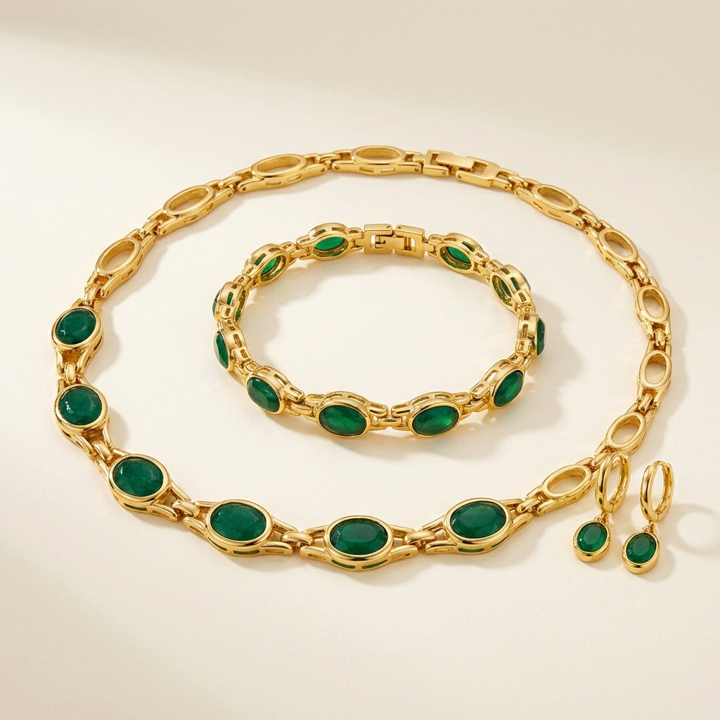 Elegance Emerald Gold-Plated Necklace – Premium Gift Jewellery Set (Necklace + Bracelet + Earrings)